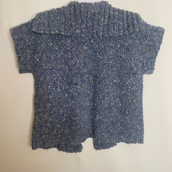 Handmade Cable Knit Shawl Collar Blue Speckled Yarn Cardigan Ribbed Sleeve Small - Picture 2 of 10